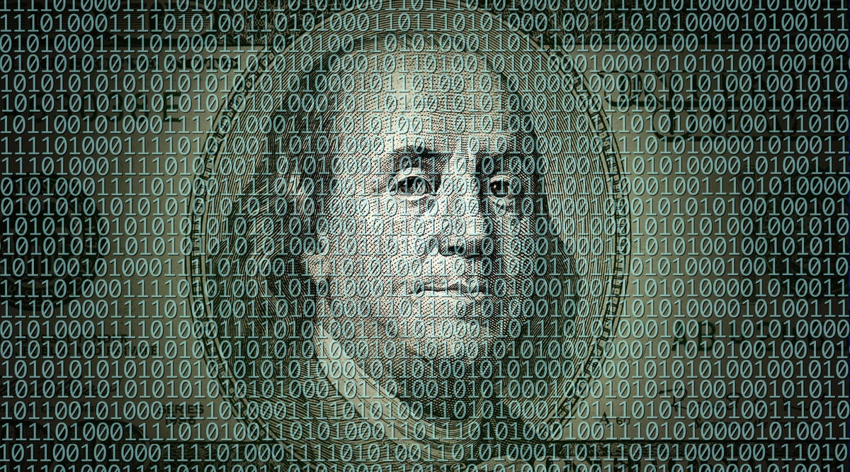 Image of Ben Franklin form the 100 dollar bill created using ones and zeros.